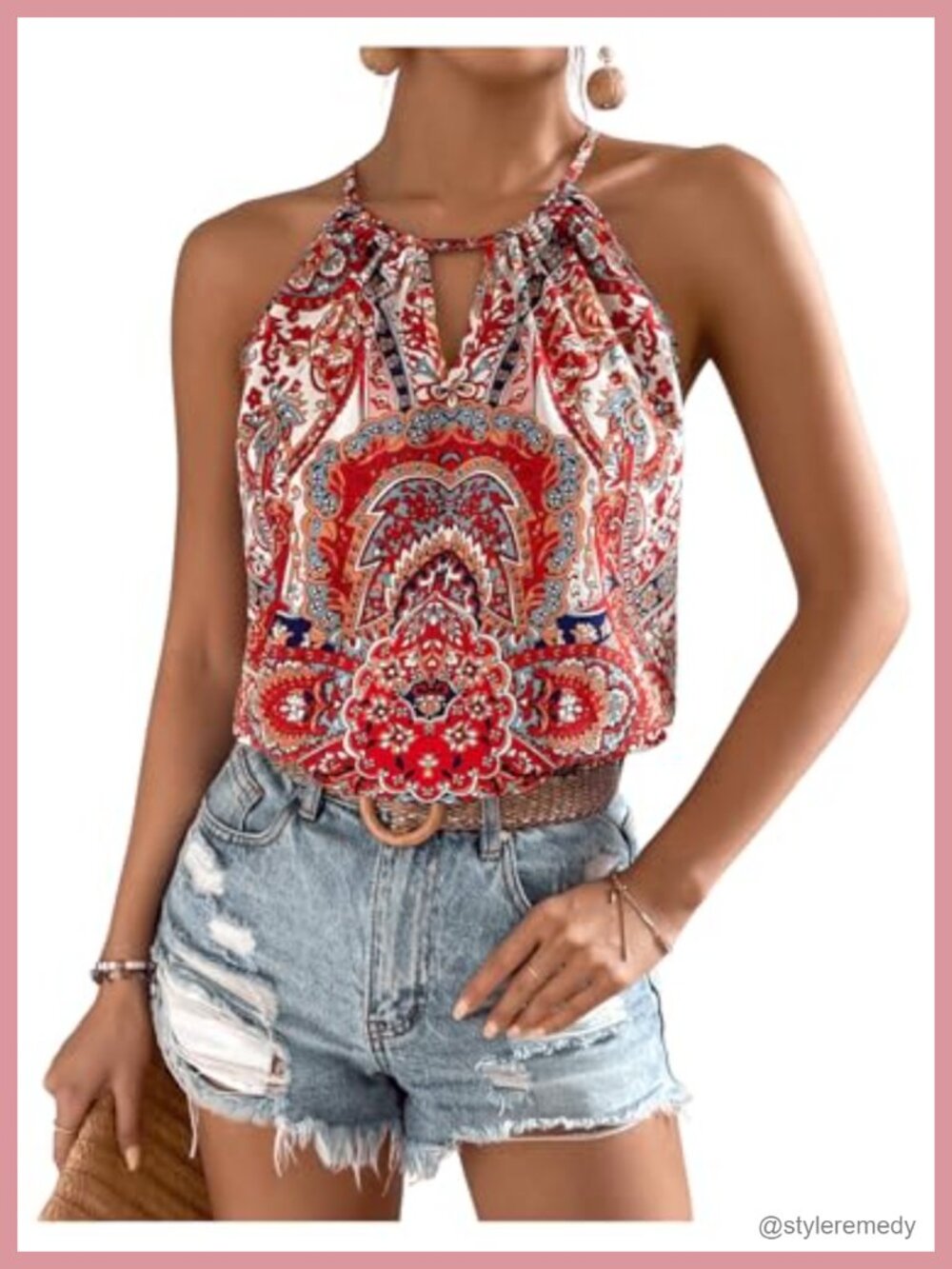 Boho Paisley Print Halter Cut Out Sleeveless Tank Top